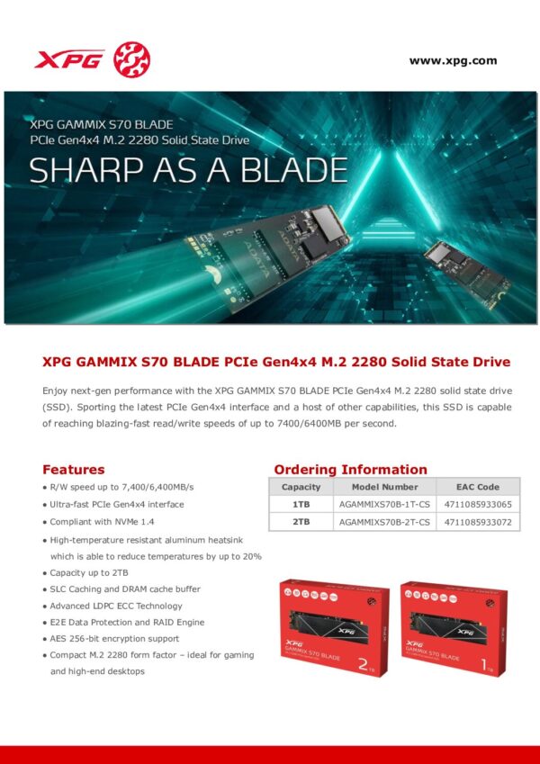UNIDAD SSD M.2 XPG GAMMIX S70 BLADE PCIe 1TB (AGAMMIXS70B-1T-CS) - Imagen 2